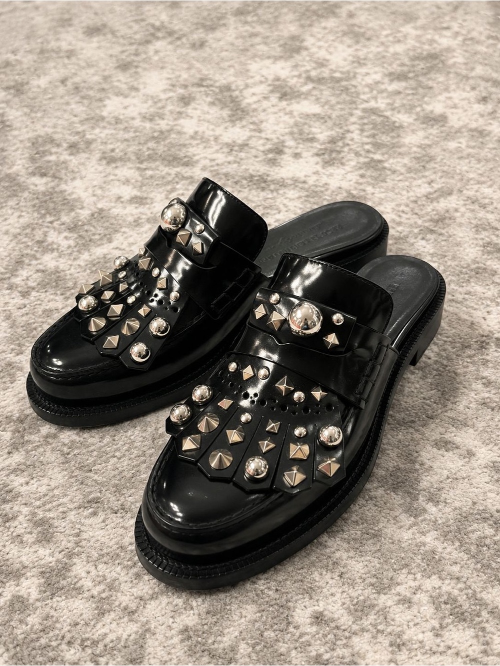 Burberry Black Patent Leather Studded Kiltie Mules